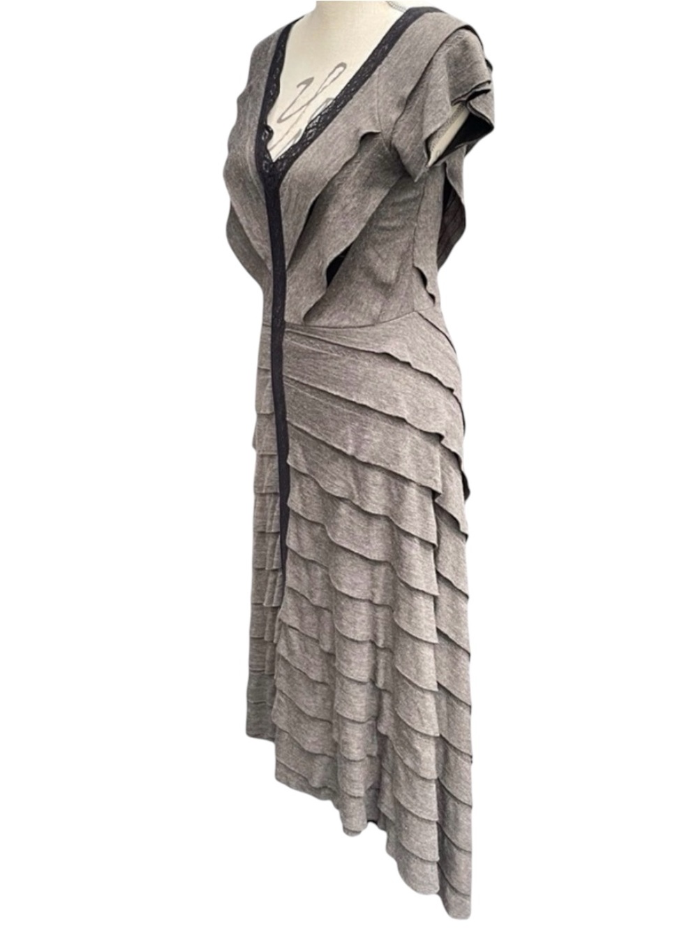 Free People Gray/Taupe Mia Waterfall Ruffle V-Neck Cap Hi-Lo Maxi Dress (XS)